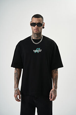 Erkek Res'cue Baskılı Oversize T-Shirt Siyah