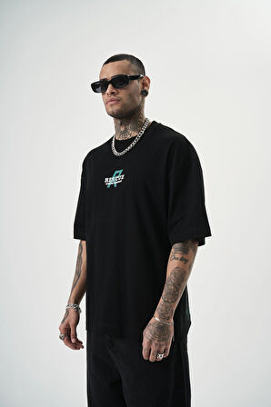 Erkek Res'cue Baskılı Oversize T-Shirt Siyah