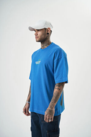 Erkek Res'cue Baskılı Oversize T-Shirt Mavi