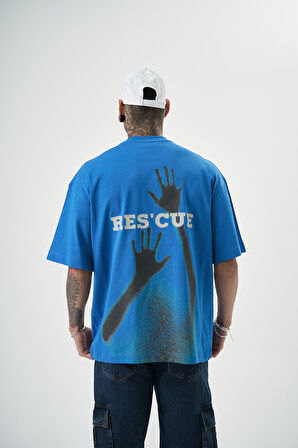 Erkek Res'cue Baskılı Oversize T-Shirt Mavi