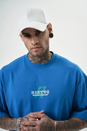 Erkek Res'cue Baskılı Oversize T-Shirt Mavi