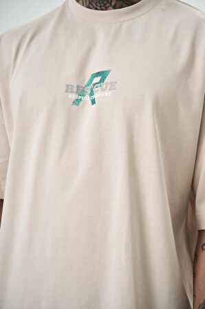 Erkek Res'cue Baskılı Oversize T-Shirt Bej