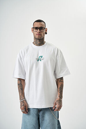 Erkek Res'cue Baskılı Oversize T-Shirt Beyaz