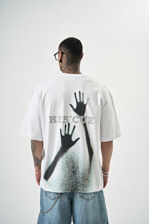 Erkek Res'cue Baskılı Oversize T-Shirt Beyaz