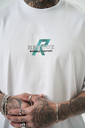 Erkek Res'cue Baskılı Oversize T-Shirt Beyaz