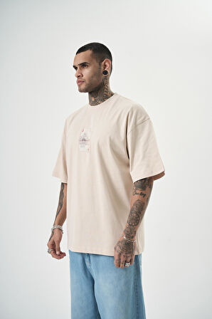 Erkek R Of Spades Baskılı Oversize T-Shirt Bej