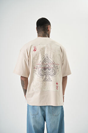 Erkek R Of Spades Baskılı Oversize T-Shirt Bej