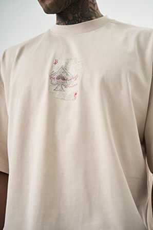 Erkek R Of Spades Baskılı Oversize T-Shirt Bej