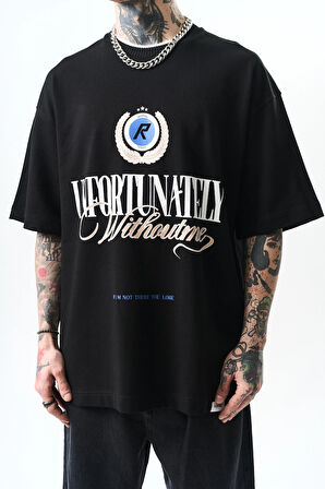 Erkek Unfortunately Baskılı Oversize T-Shirt Siyah