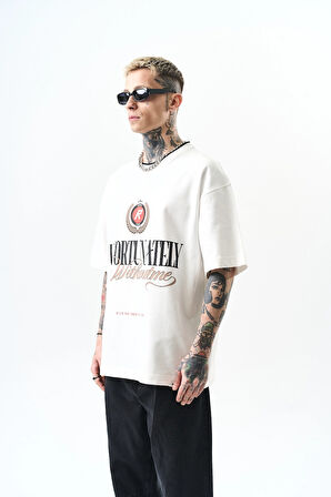 Erkek Unfortunately Baskılı Oversize T-Shirt Ekru