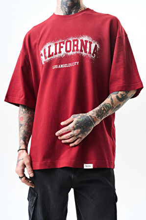 Erkek California Baskılı Oversize T-Shirt Bordo