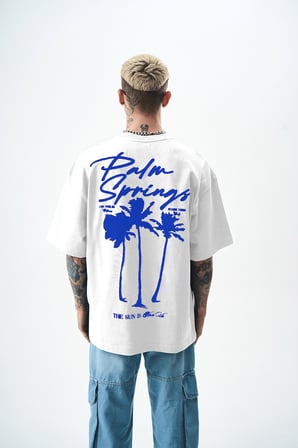 Erkek Palm Baskılı Oversize T-Shirt Beyaz