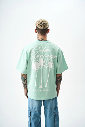 Erkek Palm Baskılı Oversize T-Shirt Su Yeşili