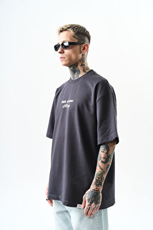 Erkek Memory Baskılı Oversize T-Shirt Füme