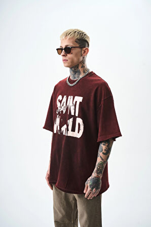 Erkek Star Baskılı Yıkamalı Oversize T-Shirt Bordo