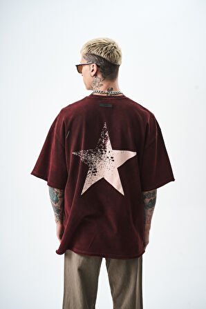 Erkek Star Baskılı Yıkamalı Oversize T-Shirt Bordo