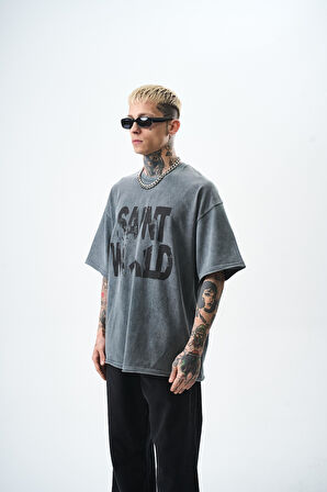 Erkek Star Baskılı Yıkamalı Oversize T-Shirt Gri