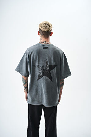 Erkek Star Baskılı Yıkamalı Oversize T-Shirt Gri
