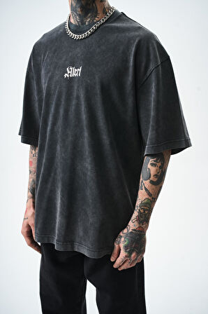 Erkek Alert Baskılı Yıkamalı Oversize T-Shirt Siyah