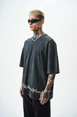 Erkek Hell Baskılı Yıkamalı Oversize T-Shirt Siyah