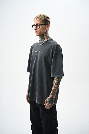 Erkek Eyes Baskılı Yıkamalı Oversize T-Shirt Siyah