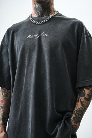 Erkek Eyes Baskılı Yıkamalı Oversize T-Shirt Siyah