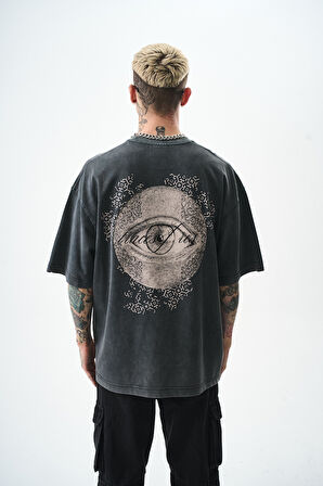 Erkek Eyes Baskılı Yıkamalı Oversize T-Shirt Siyah