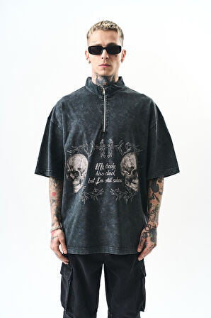Erkek Still Alive Baskılı Yarım Fermuarlı Yıkamalı Oversize T-Shirt Siyah