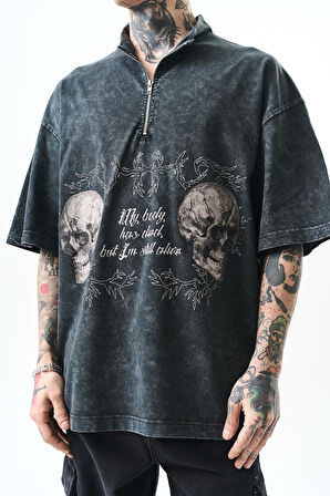 Erkek Still Alive Baskılı Yarım Fermuarlı Yıkamalı Oversize T-Shirt Siyah