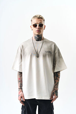 Erkek Pegasus Baskılı Oversize T-Shirt Ekru