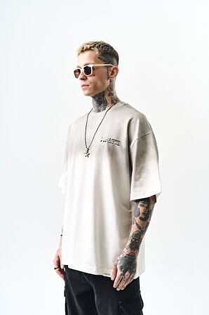 Erkek Pegasus Baskılı Oversize T-Shirt Ekru