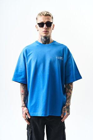 Erkek Pegasus Baskılı Oversize T-Shirt Mavi