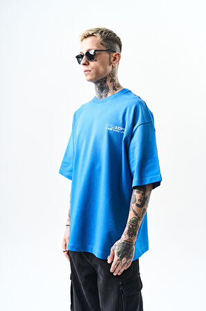 Erkek Pegasus Baskılı Oversize T-Shirt Mavi