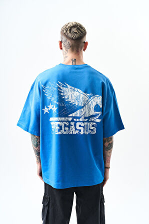 Erkek Pegasus Baskılı Oversize T-Shirt Mavi