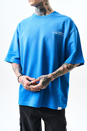 Erkek Pegasus Baskılı Oversize T-Shirt Mavi