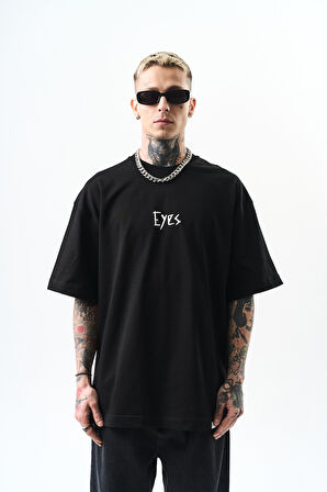 Erkek Eyes Baskılı Oversize T-Shirt Siyah