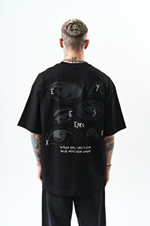 Erkek Eyes Baskılı Oversize T-Shirt Siyah