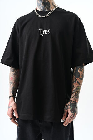Erkek Eyes Baskılı Oversize T-Shirt Siyah