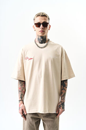 Erkek Godfather Baskılı Oversize T-Shirt Bej