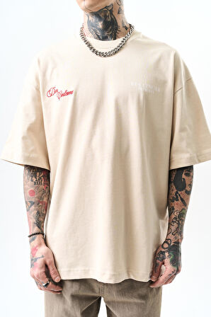 Erkek Godfather Baskılı Oversize T-Shirt Bej