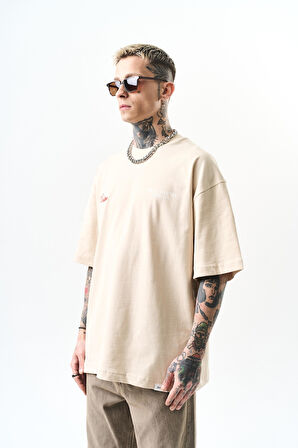 Erkek Godfather Baskılı Oversize T-Shirt Bej