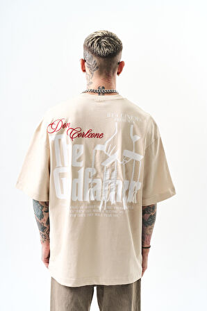 Erkek Godfather Baskılı Oversize T-Shirt Bej