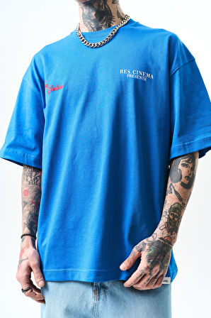 Erkek Godfather Baskılı Oversize T-Shirt Mavi