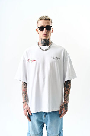 Erkek Godfather Baskılı Oversize T-Shirt Beyaz