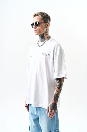 Erkek Godfather Baskılı Oversize T-Shirt Beyaz