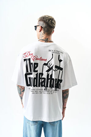 Erkek Godfather Baskılı Oversize T-Shirt Beyaz
