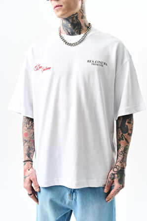 Erkek Godfather Baskılı Oversize T-Shirt Beyaz