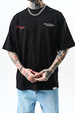 Erkek Godfather Baskılı Oversize T-Shirt Siyah