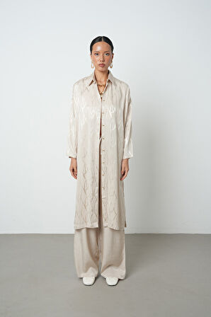 Kadın Bej Renk Desenli Uzun Tunik Tesettür Gömlek - Elbise