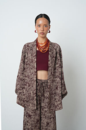 Kadın Bordo Renk Kırçıllı Oversize Kesim Tesettür Kimono